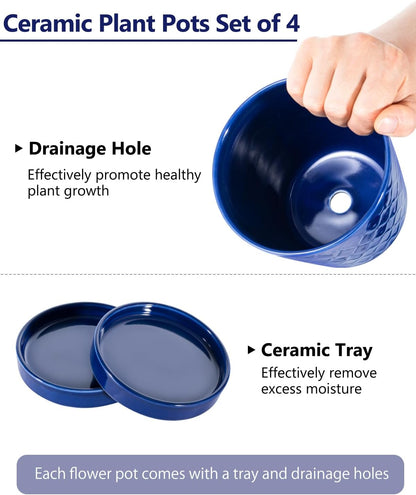 EFISPSS Flower Planter –5 inch Ceramic Plant Pots with Drainage Hole and Ceramic Tray - Gardening Home Desktop Office Windowsill Decoration Gift Set of 4 - Plants NOT Included