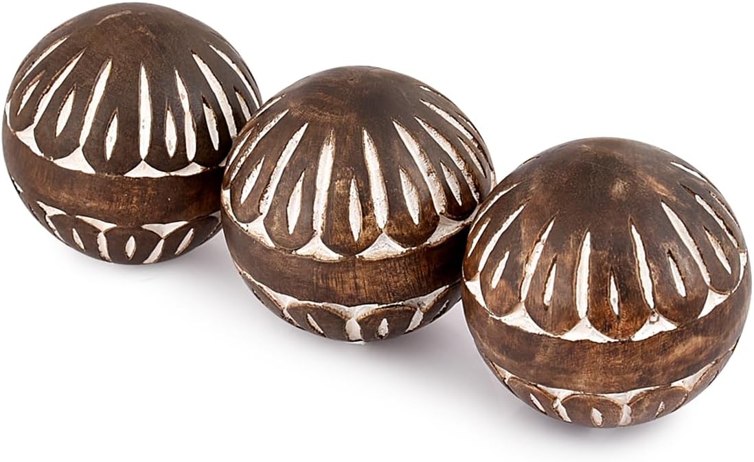 Samhita Mango Wood White Decorative Ball Set of 3 for Living, Dining Room Decor - Coffee Table Centerpiece Home Décor (3" x 3"x 3")