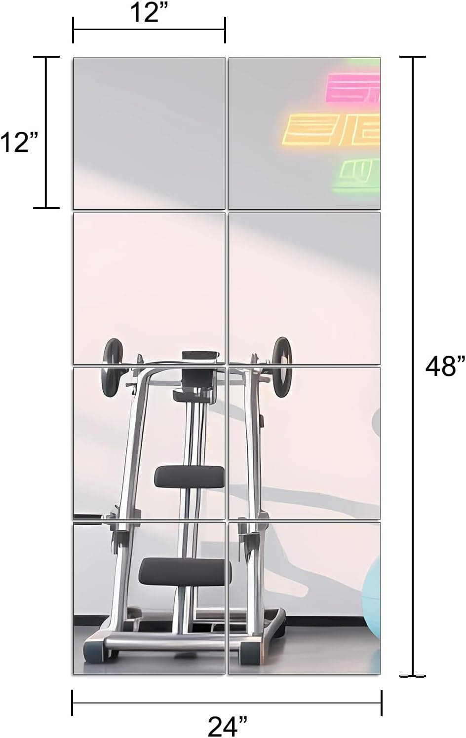 Ruomeng Home Gym Mirrors 12 Inch x 12Pcs Wall Mounted Mirror Glass Frameless Full Length Mirror Tiles for Home Gym, Bedroom, Door & Bathroom