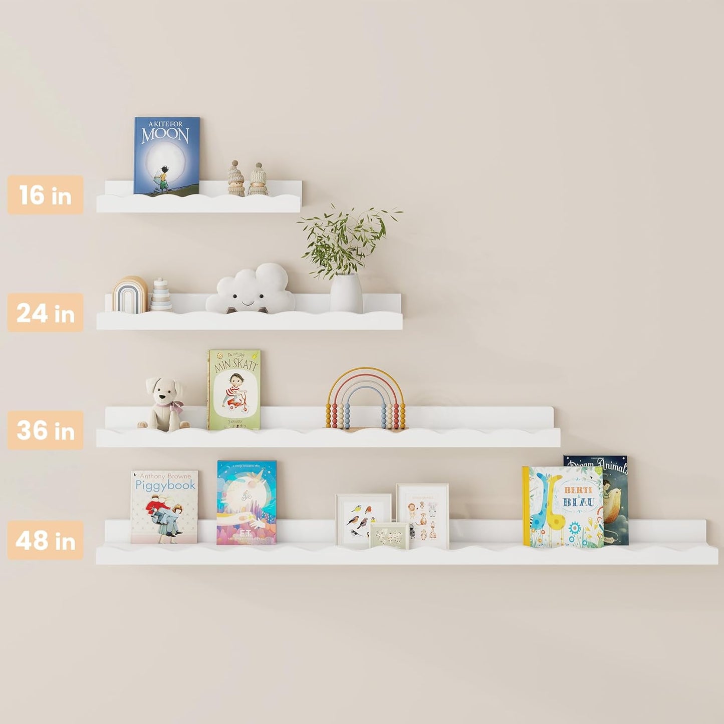 Fun Memories Picture Ledge Shelf for Wall, 24 inch Pine Wood Nursery Book Shelves Set of 2- Wall Book Shelves for Kids Room, Home Decor - Kitchen Spice-White