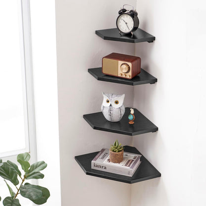 Corner Wall Shelves, Corner Floating Shelves Set of 2 Solid Oak Wood Display Shelf with Wire Hole Small Plant for Kitchen Living Room Natural