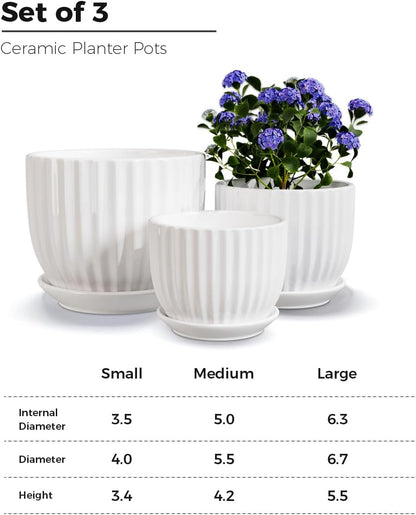 Ton Sin Grey Flower Pots, Texture Planter for Indoor Plants Set of 3 Ceramic Flower Pots with Saucer, Cute Garden Pots Succulent Pots, 6.75/5.6/4.2 Inch, Indoor Outdoor Home Garden Decor