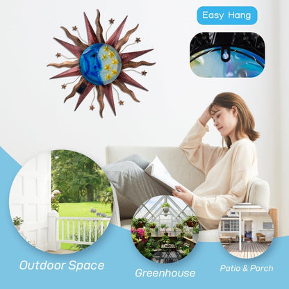 Large Metal Sun Wall Decor Outdoor, 27 Inch Sun and Moon Decor Metal Wall Art, 3D Sun Wall Decor for Patio Garden Yard Fence Bedroom Living Room Decoration