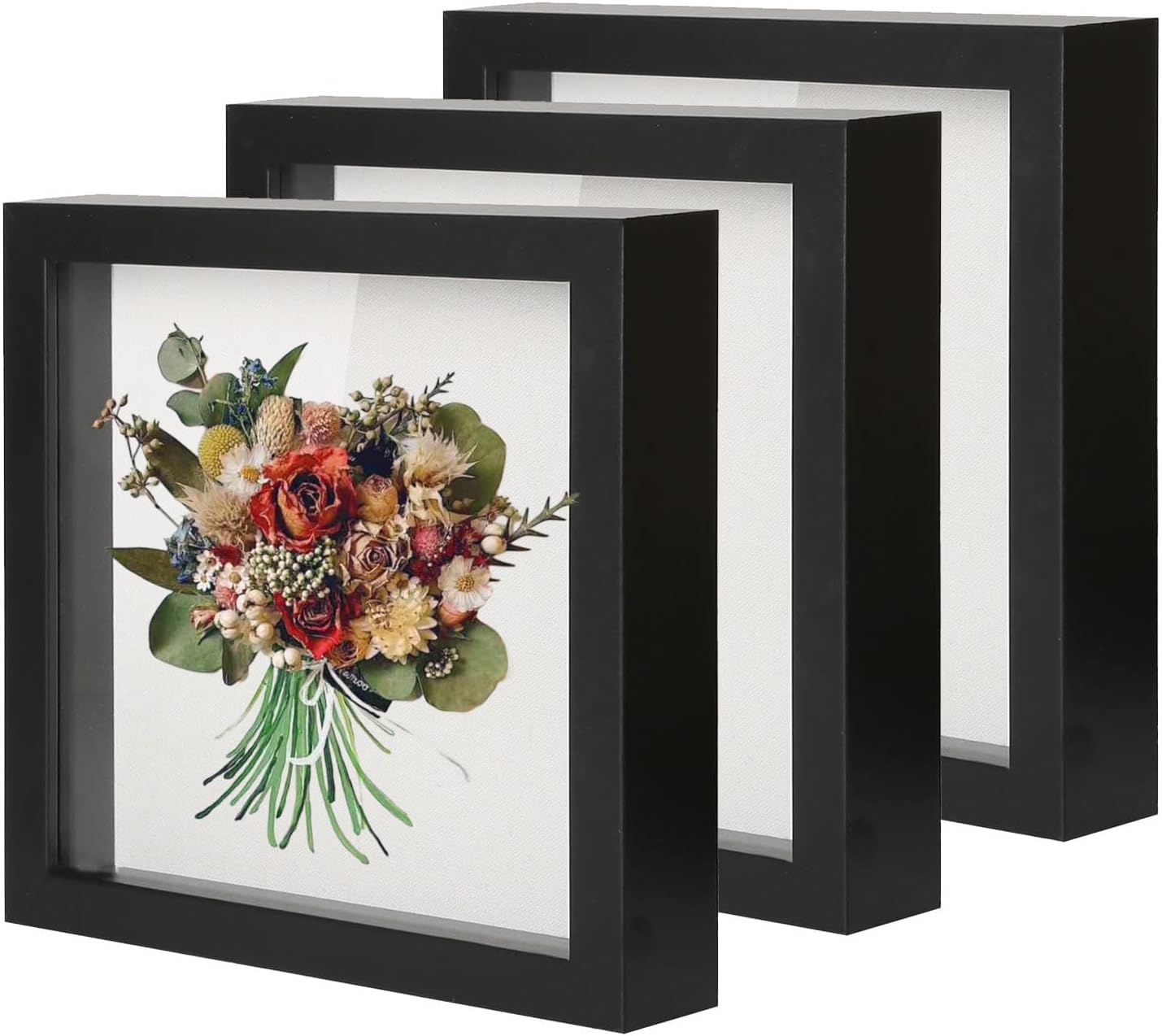 Muzilife 8x8 Shadow Box Picture Frame with Linen Board - Deep Wood & Glass Display Case Ready to Hang Memory Box Baby Sports Memorabilia, Pins, Awards, Medals, Wedding, Tickets and Photos (Black)