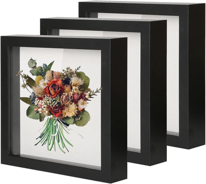 Muzilife 8x8 Shadow Box Picture Frame with Linen Board - Deep Wood & Glass Display Case Ready to Hang Memory Box Baby Sports Memorabilia, Pins, Awards, Medals, Wedding, Tickets and Photos (Black)