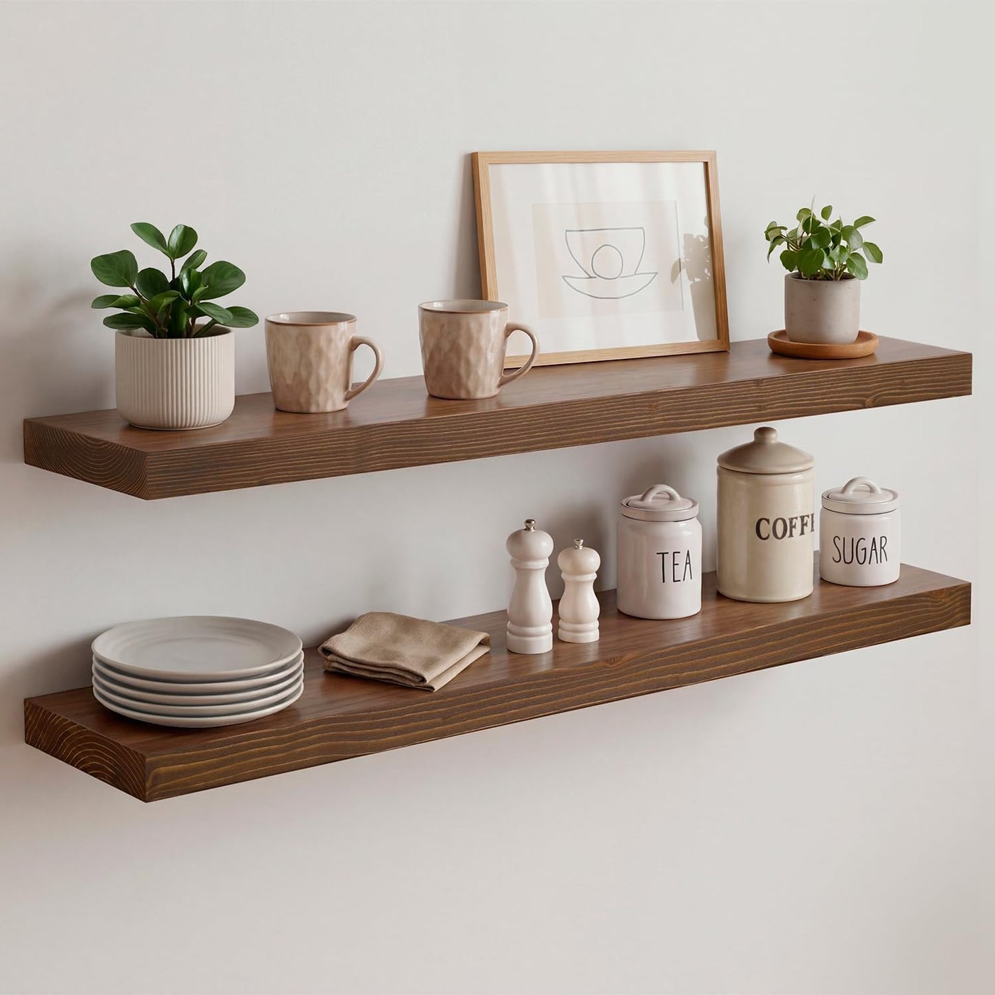Homeforia 24 inch Natural Floating Shelf, High End Solid Real Wood 24inch Small Floating Shelves for Wall Mounted, Natural Wooden Floating Shelves, Heavy Duty Bracket, 24 X 6.5 X 1.75 in, Set of 2