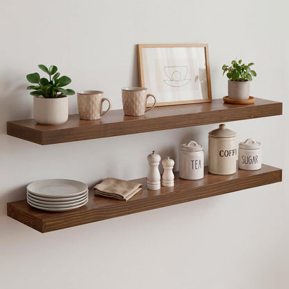 Homeforia 24 inch Natural Floating Shelf, High End Solid Real Wood 24inch Small Floating Shelves for Wall Mounted, Natural Wooden Floating Shelves, Heavy Duty Bracket, 24 X 6.5 X 1.75 in, Set of 2