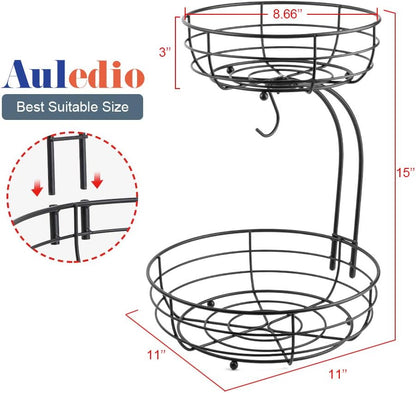 Auledio Iron 2-Tier Countertop Fruit Vegetables Basket Bowl Storage With Banana Hanger, Black, 64 ounces