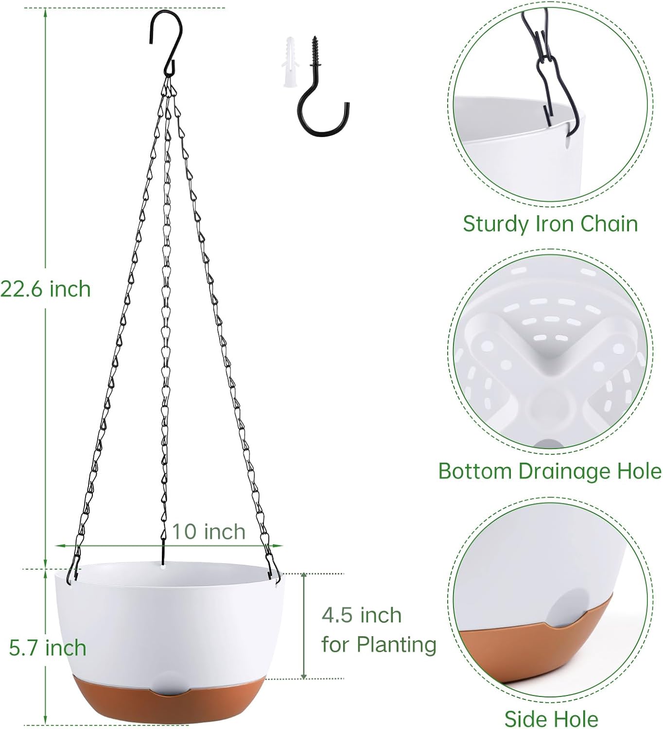 Set of 2 Hanging Planters for Indoor Outdoor Plants, 8 Inch Self-Watering Hanging Flower Pots with Drainage Hole & Removable Water-Storage Tray (Hooks)