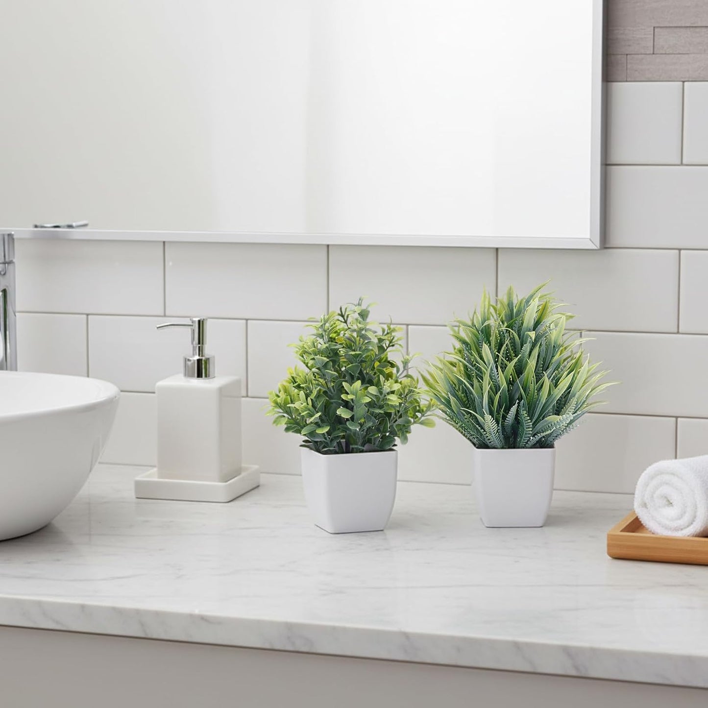 CEWOR Fake Plants 2 Pack Mini Potted Plants Bathroom Accessories Small Artificial Greenery Decorations for Bathroom Office Home Room Kitchen Table Indoor