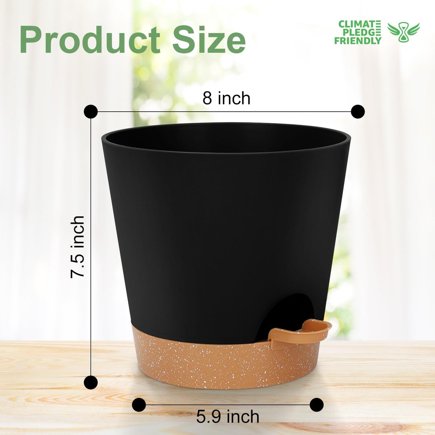 YNNICO Indoor Self Watering Planters with Drainage Holes and Saucers, 8, 7, 6.5, 6, 5.5, 5 Inches, Black, 6 Pots