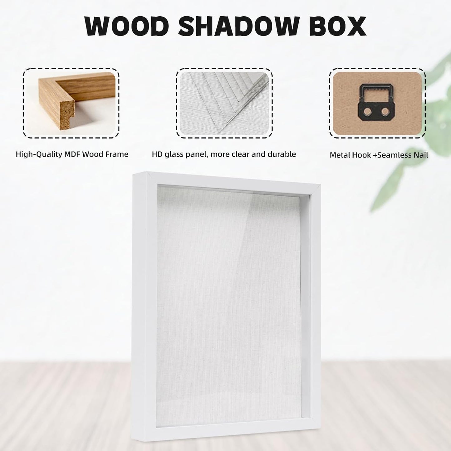 Muzilife 8x8 Shadow Box Picture Frame with Linen Board - Deep Wood & Glass Display Case Ready to Hang Memory Box Baby Sports Memorabilia, Pins, Awards, Medals, Wedding, Tickets and Photos (Black)