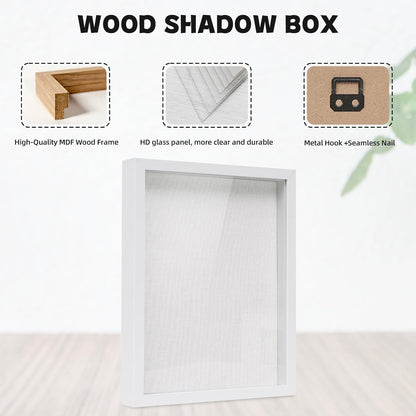 Muzilife 8x8 Shadow Box Picture Frame with Linen Board - Deep Wood & Glass Display Case Ready to Hang Memory Box Baby Sports Memorabilia, Pins, Awards, Medals, Wedding, Tickets and Photos (Black)