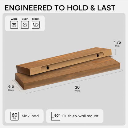 Homeforia 24 inch Natural Floating Shelf, High End Solid Real Wood 24inch Small Floating Shelves for Wall Mounted, Natural Wooden Floating Shelves, Heavy Duty Bracket, 24 X 6.5 X 1.75 in, Set of 2