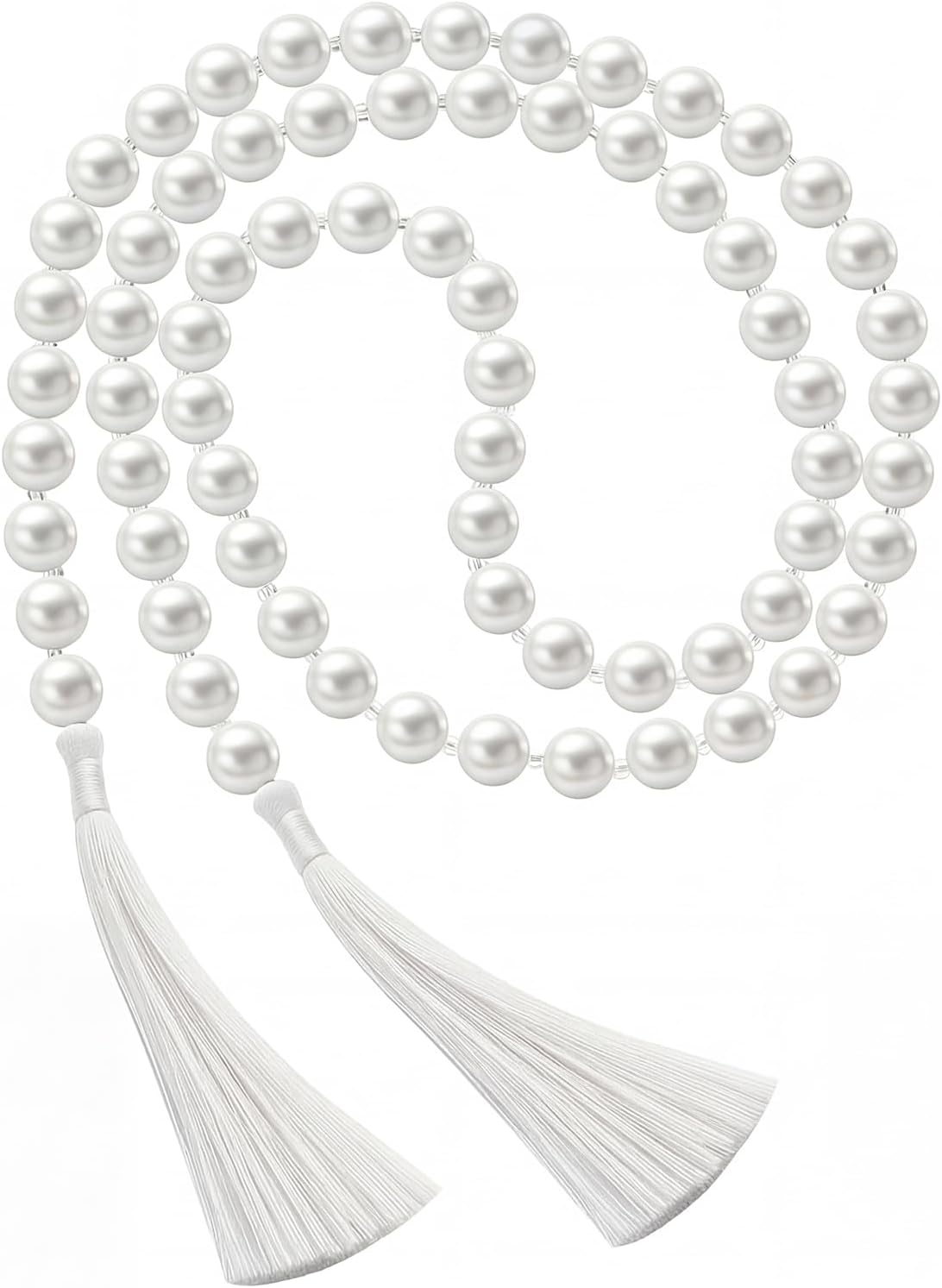 Quelay 58 Inch Pearl Glass Bead Garland 16mm with Tassels Elegant Boho Wedding Table Decor Healing Bead Prayer Fringe Wall Shelf Hanging for Wedding Party Farmhouse Rustic Home Decoration(Beige)