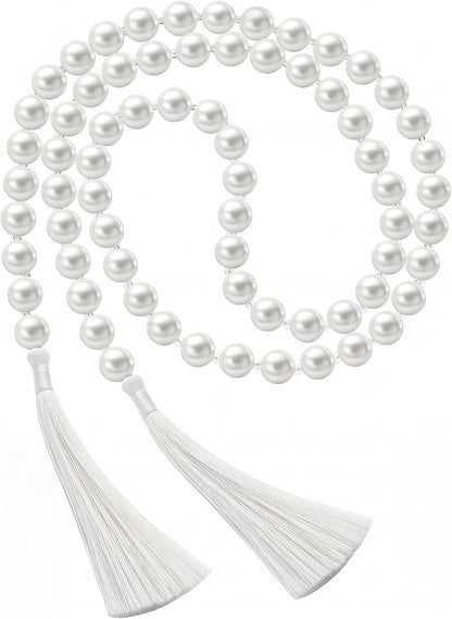 Quelay 58 Inch Pearl Glass Bead Garland 16mm with Tassels Elegant Boho Wedding Table Decor Healing Bead Prayer Fringe Wall Shelf Hanging for Wedding Party Farmhouse Rustic Home Decoration(Beige)