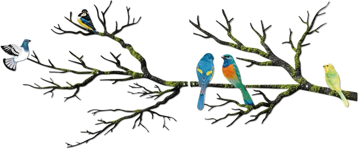 Metal Birds Wall Art, Metal Vivid Birds on Branch Silhouette Wall Decor Black Leaves with Bird Outdoor Hanging Wall Sculpture for Home Balcony Garden(Large)