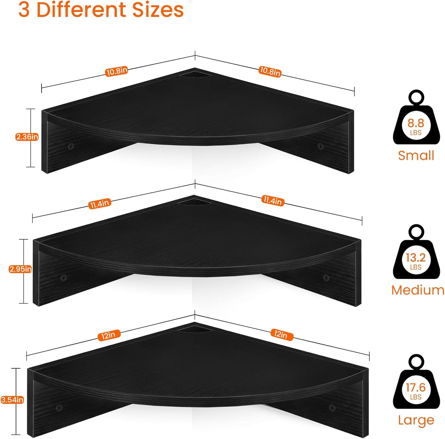 Homode Corner Shelf Wall Mount, Set of 3 Floating Corner Shelves with Cord Hole, 3 Tier Wood Wall Display Shelf, Storage for Bathroom Living Room Kitchen Bedroom, Rustic Brown and Black