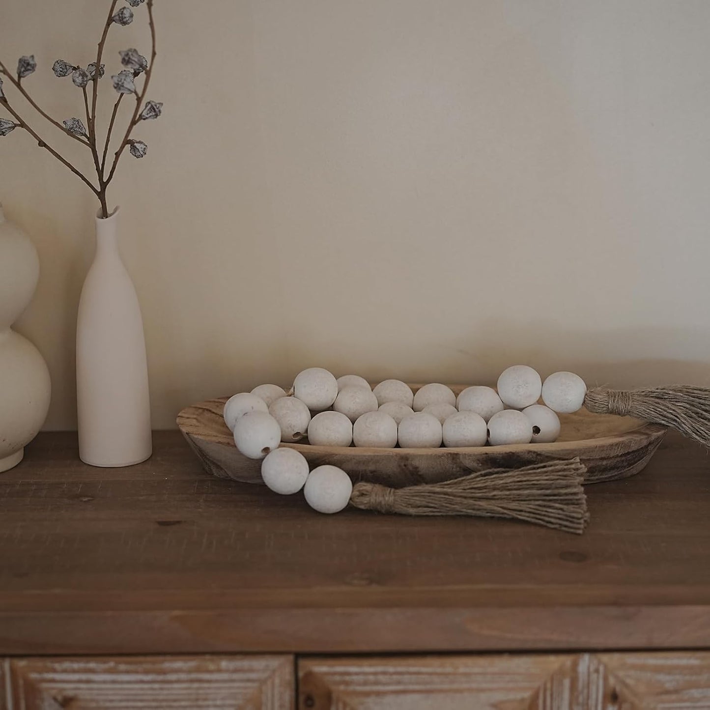 Extra Large Wood Bead Garland with 1.4" Diameter Wood Beads, Wooden Beads Garland with Tassels, Decorative Beads Home Decor, Farmhouse Beads Decor (Natural, 50 Inches)