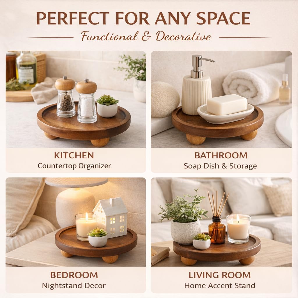 Wooden Riser for Display, 7 Inch Round Wood Riser Pedestal Stand, Small Round Wooden Tray & Wood Pedestal Tray, Elevated Tray for Candles Plants Bottles Vases, Farmhouse Tabletop Entry Table Centerpiece Decor