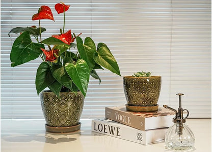 Docrin 3-Pack Ceramic Planters Set - 6.5"+5.3"+4" Dual-Tone Flower Pots with Drainage Holes, Modern Indoor Outdoor Planters for Succulents/Herbs/Large Plants, Home Office (Brownish Black & White)