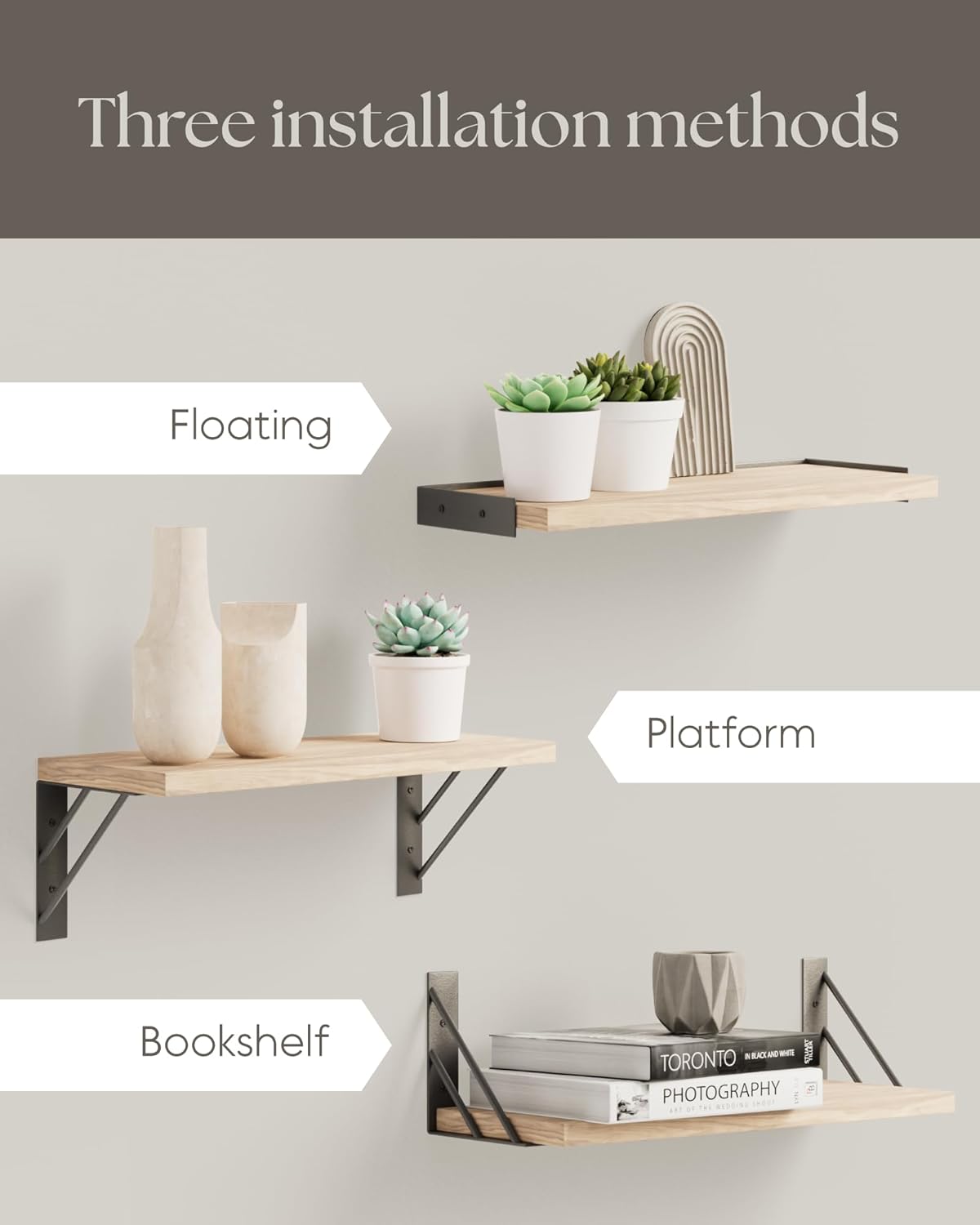 BAYKA Wall Mounted Floating Shelves, Wood Floating Wall Shelf for Books & Decor, Small Space-Saving Display & Organizer（Black，Set of 3）