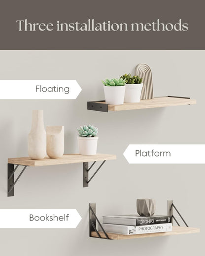 BAYKA Wall Mounted Floating Shelves, Wood Floating Wall Shelf for Books & Decor, Small Space-Saving Display & Organizer（Black，Set of 3）