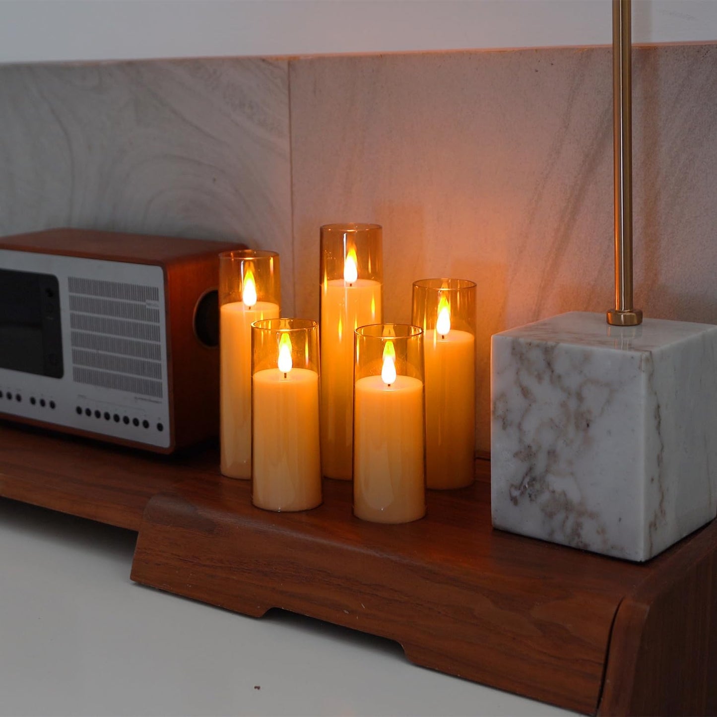 Amagic Pure White Flameless Candles, Battery Operated Candles, Acrylic Flickering LED Pillar Candles with Remote Control and Timer, 3D Wick, Yellow and Blue Glow, D2.2 xH5 5" 6" 7" 8", Set of 5