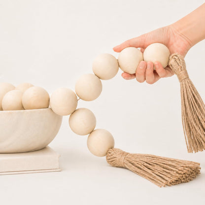 OMISHE Extra Large Wood Bead Garland with 1.6" Diameter Wooden Beads and Tassels, 41" Long Rustic Farmhouse Country Decorative Beads for Home Tiered Tray Decor, Natural Beige