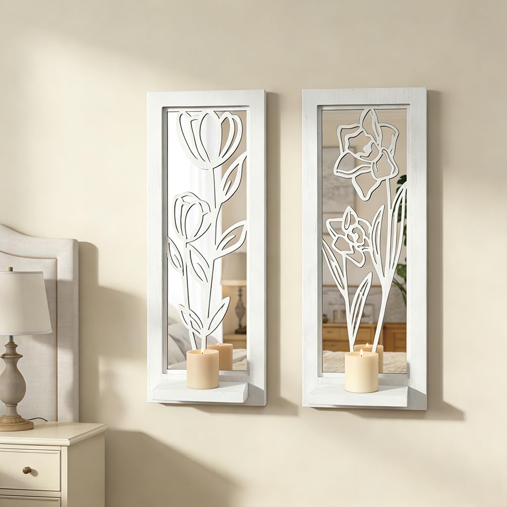 Wood Wall Sconce Candle Holder Set 2, Rustic Wall-Mount Candle Holders, Farmhouse Hanging Wall Décor, Carved Wood Frame, Mirrored Candle Holder (Distressed White)