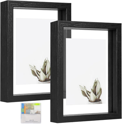 MUYE 11x14 Floating Frame Set of 2,Double Glass Rustic Frame,Display Any Size Photo up to 11x14,Wall Mount or Tabletop Standing,Natural