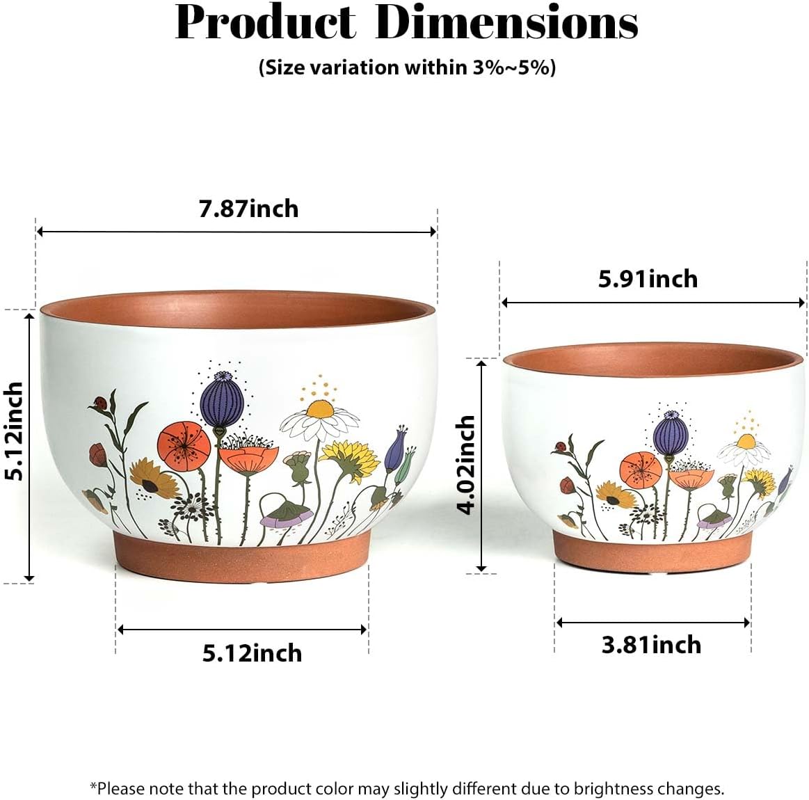 YBX 8 Inch + 6 Inch Ceramic Plant Pots, Succulent Flower Pots with Drainage Holes, Terracotta Planters for Indoor Plants, White&Terracotta (Garden)