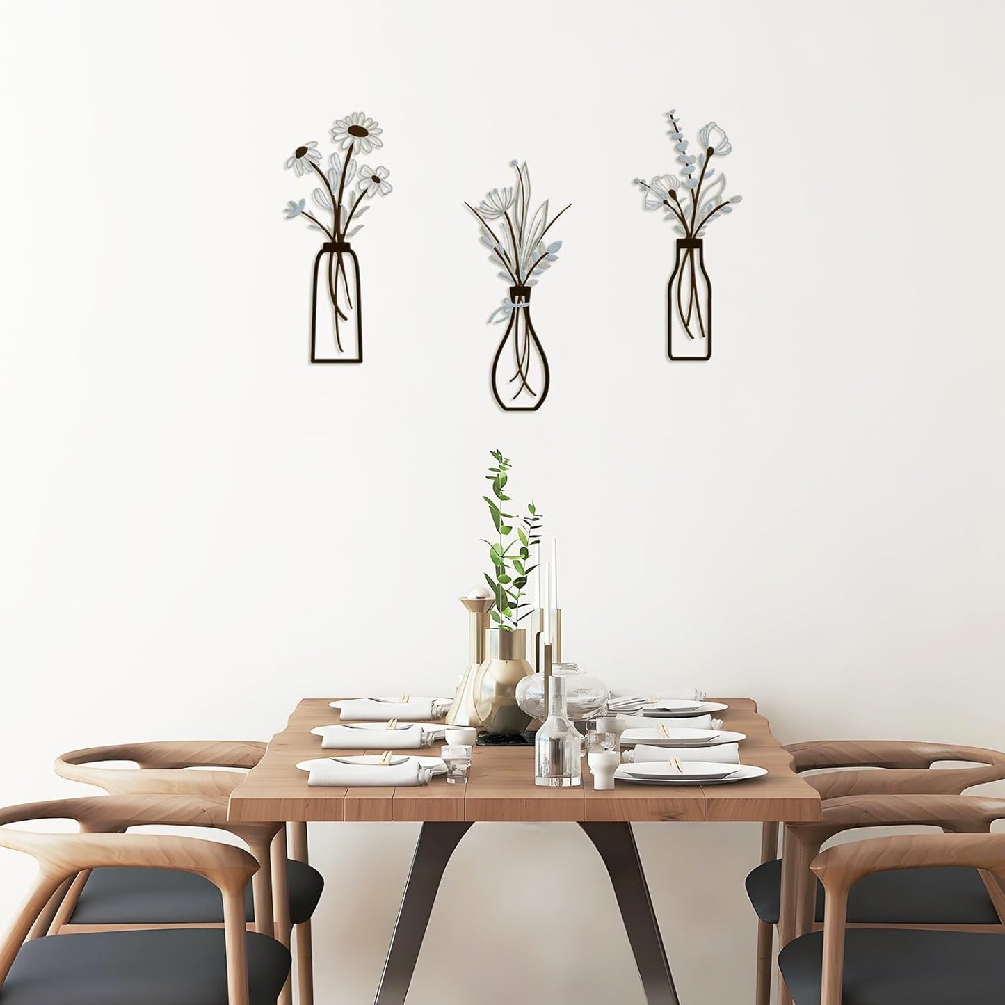 Pigort 3 Pieces Metal Flowers Wall Art- Rustic Farmhouse Decor Minimalist Decor for Living Room Bathroom Bedroom Dining Room, Housewarming Gifts Christmas Decoration(Beige, Vase-C)
