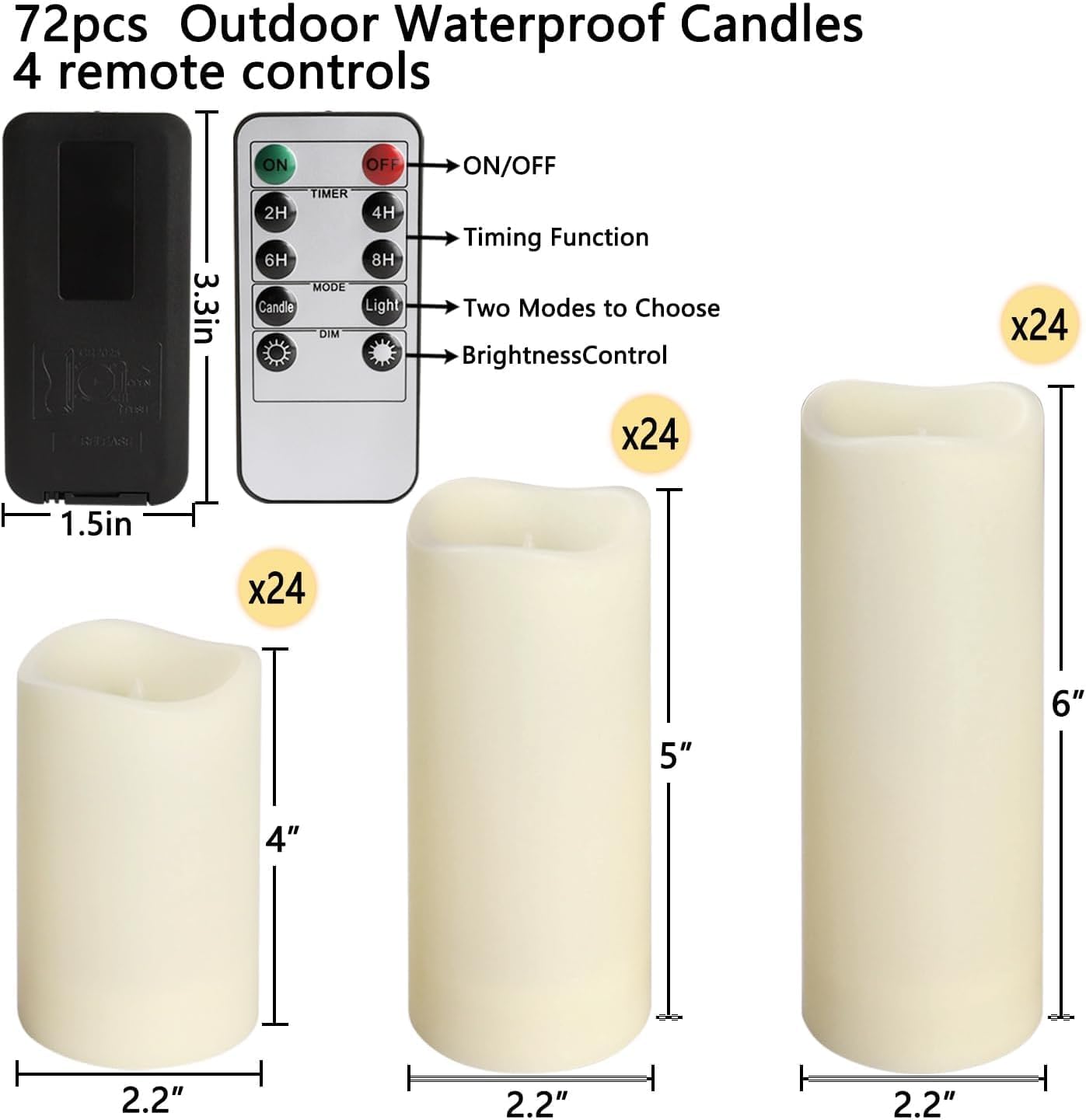 Enpornk Set of 24 Flameless Led Battery Opeated (D2.2'' x H4''5''6'') Waterproof Outdoor Indoor Candles with 10-Key Remotes and Cycling 24 Hours Timer