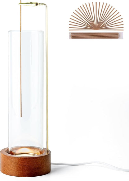 Incense Holder for Sticks, Anti-Ash Flying Incense Burner with 30 Incense Sticks, Detachable Glass Ash Catcher (Wood, Brown)