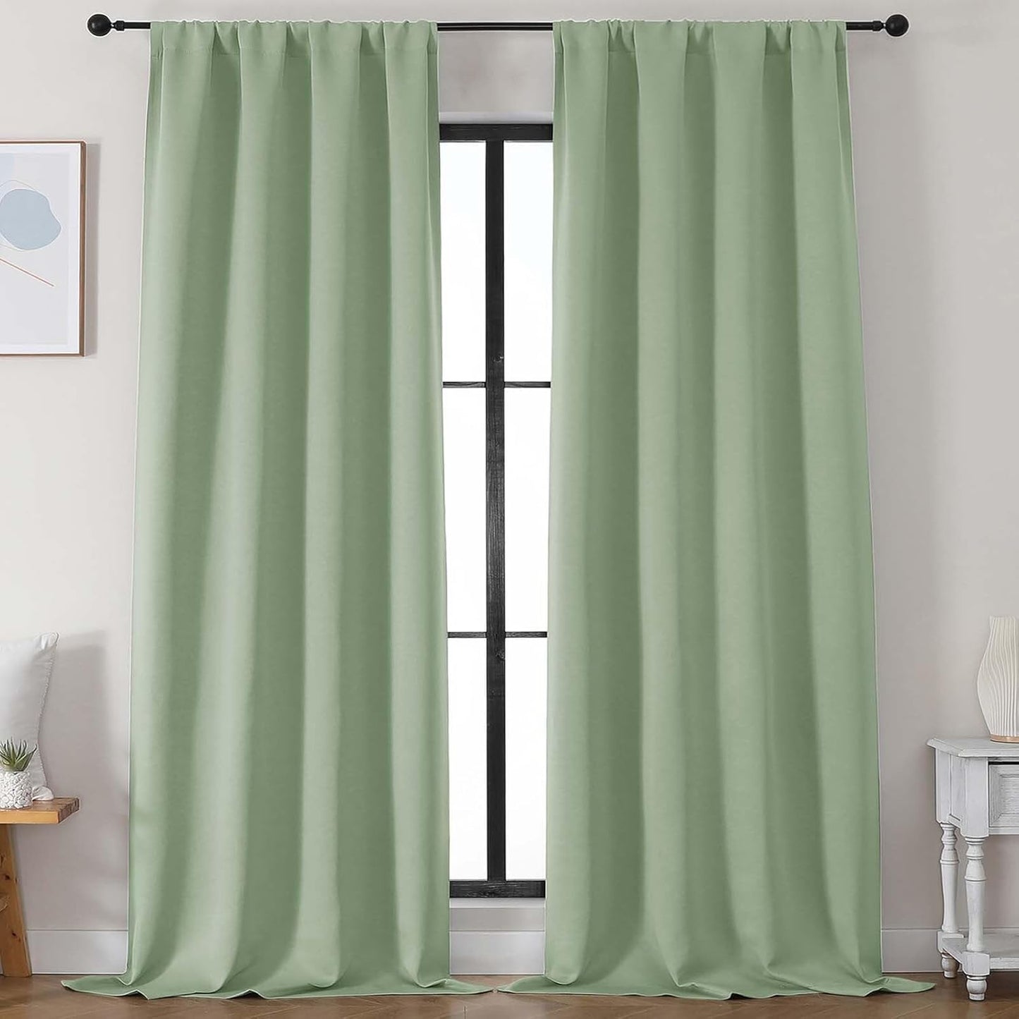 Simplebrand Ava Sage Green Blackout Curtains for Bedroom 63 Inch Length 2 Panels Set, Solid Thermal Insulated Energy Saving Rod Pocket Window Treatment Curtains Blackout Drapes, W40 x L63 Inch, Sage - Colors C