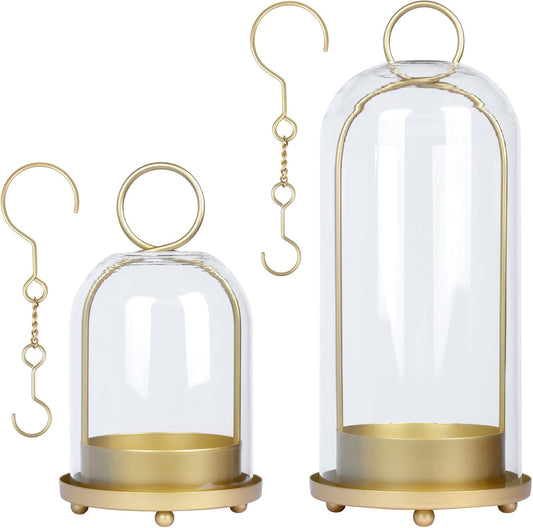 Fohil 5" & 4" Hurricane Glass Candle Holders, Set of 2 Metal Candle Holder with Handmade Sturdy Glass Dome, Candle Lantern for Pillar Candles, Plants, Table Centerpiece, Home Decor