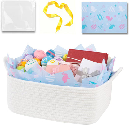 OIAHOMY Woven Basket, Gift Basket Empty with Gift Bags and Ribbons, Rope Baskets for Baby Showers, Storage Baskets with Handles for Nursery, Pet Toy Organizer - White
