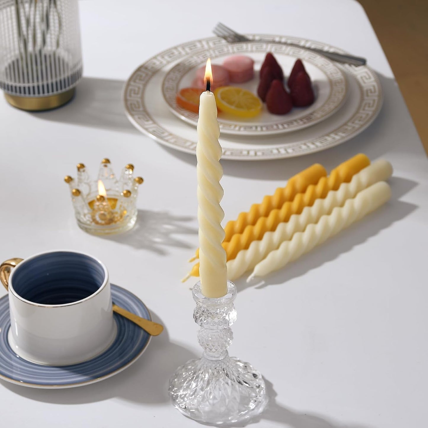 2PCS 7-Inch Pure Beeswax Spiral Taper Candles, Twisted Stick Candles, Dripless & Unscented for Weddings, Christmas, Dinner, Meditation - White