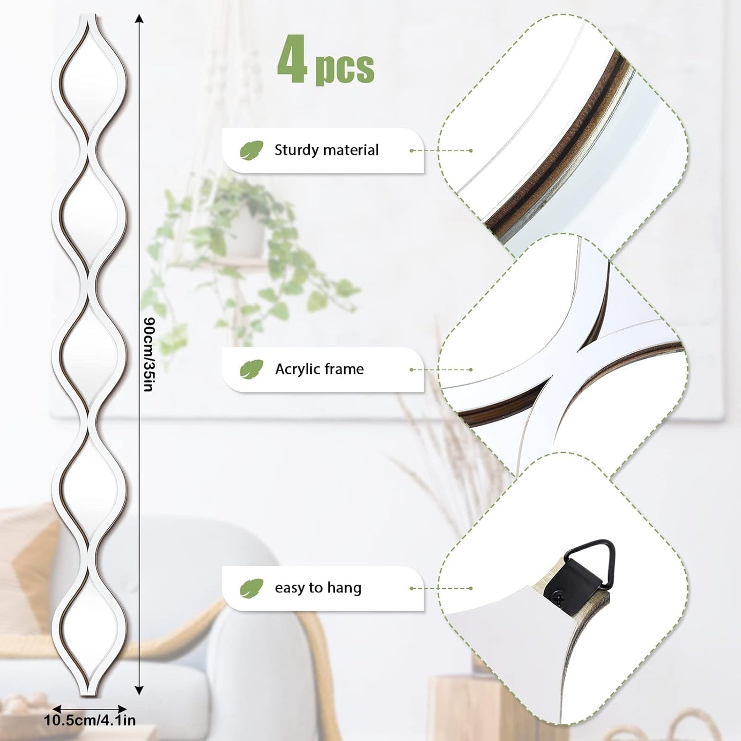 Qunclay Teardrop Mirror Wall Art Decorative Mirror Wall Decor Long Narrow Hanging Art for Apartment Living Room Bathroom Bedroom Entryway(Gold,4 Pcs)