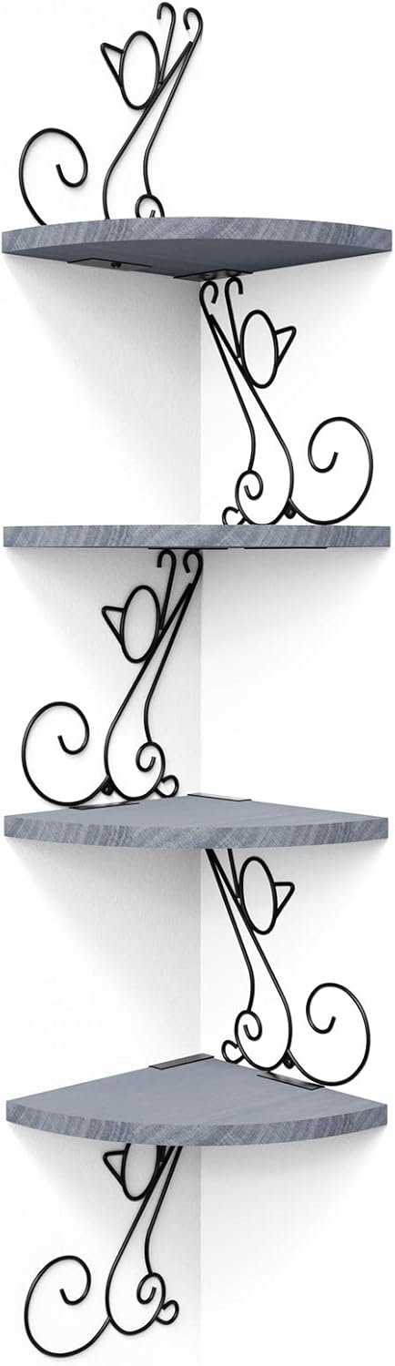 Alsonerbay Corner Shelf Wall Mount, 4 Tier Floating Shelves for Wall, Easy-to-Assemble Wall Shelves Rustic Wood Decor for Bedroom Living Room Bathroom Kitchen Office, Walnut Finish