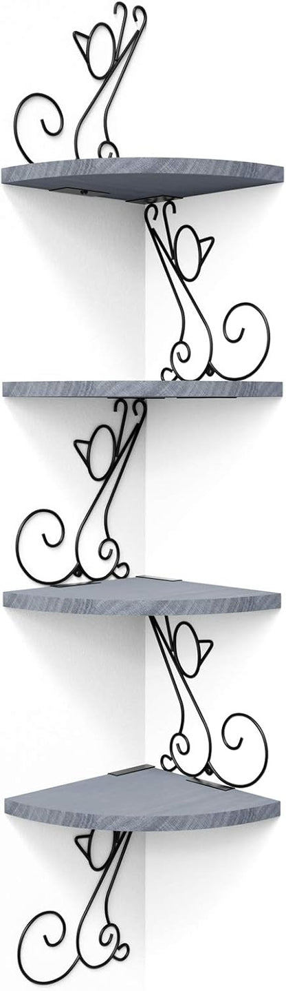 Alsonerbay Corner Shelf Wall Mount, 4 Tier Floating Shelves for Wall, Easy-to-Assemble Wall Shelves Rustic Wood Decor for Bedroom Living Room Bathroom Kitchen Office, Walnut Finish