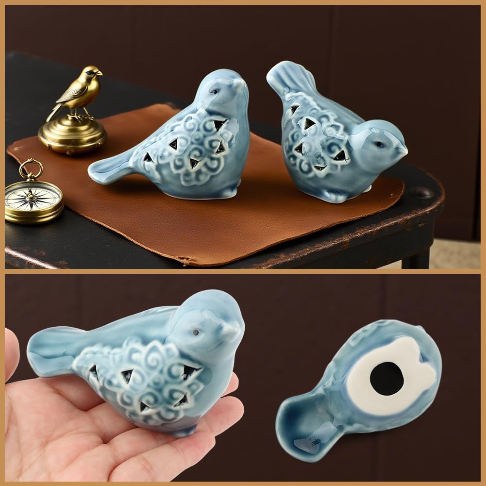 Pair of Blue Bird for Home Decor, Farmhouse Ceramic Bird Statue Sculpture Birds Ornaments, Small Decor for Shelves Entryway TV Stand Bookcase, Garden Micro Landscape Accessories