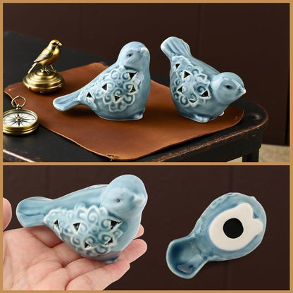 Pair of Blue Bird for Home Decor, Farmhouse Ceramic Bird Statue Sculpture Birds Ornaments, Small Decor for Shelves Entryway TV Stand Bookcase, Garden Micro Landscape Accessories