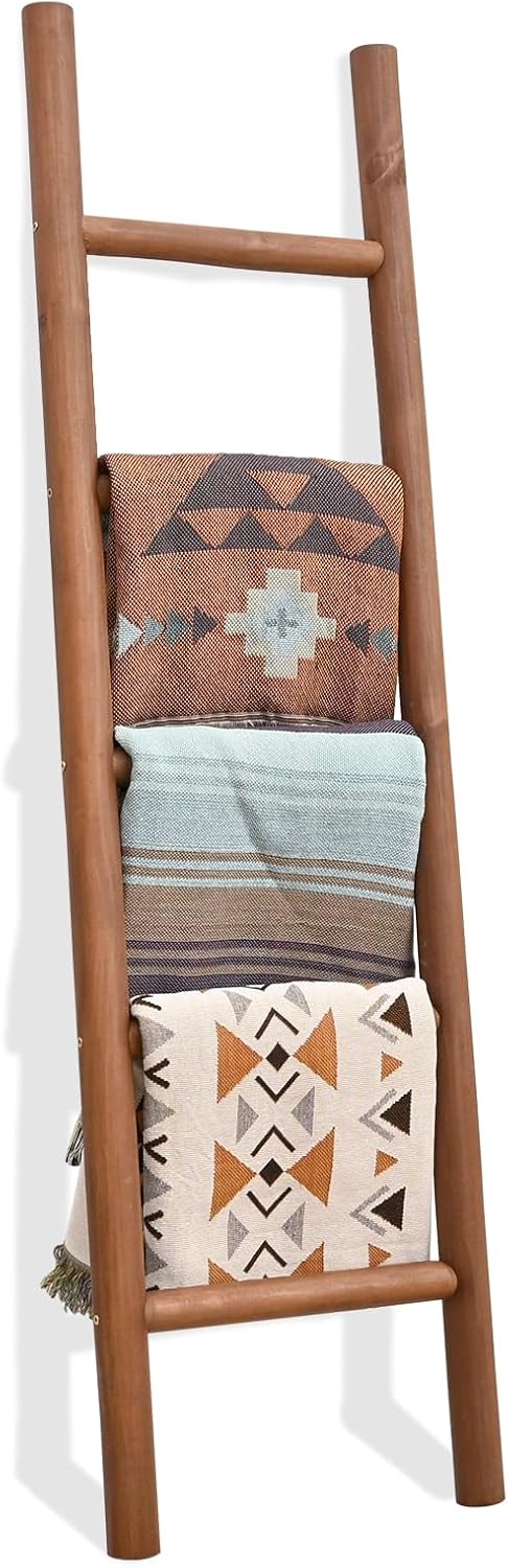 FUIN 57in Wood Blanket Ladder Living Room Decorative Wall Leaning Farmhouse Quilt Display Holder Rustic Wooden Towel Rack for Bathroom, Brown
