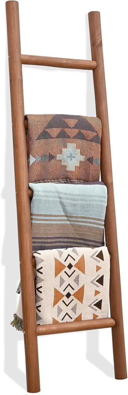 FUIN 57in Wood Blanket Ladder Living Room Decorative Wall Leaning Farmhouse Quilt Display Holder Rustic Wooden Towel Rack for Bathroom, Brown