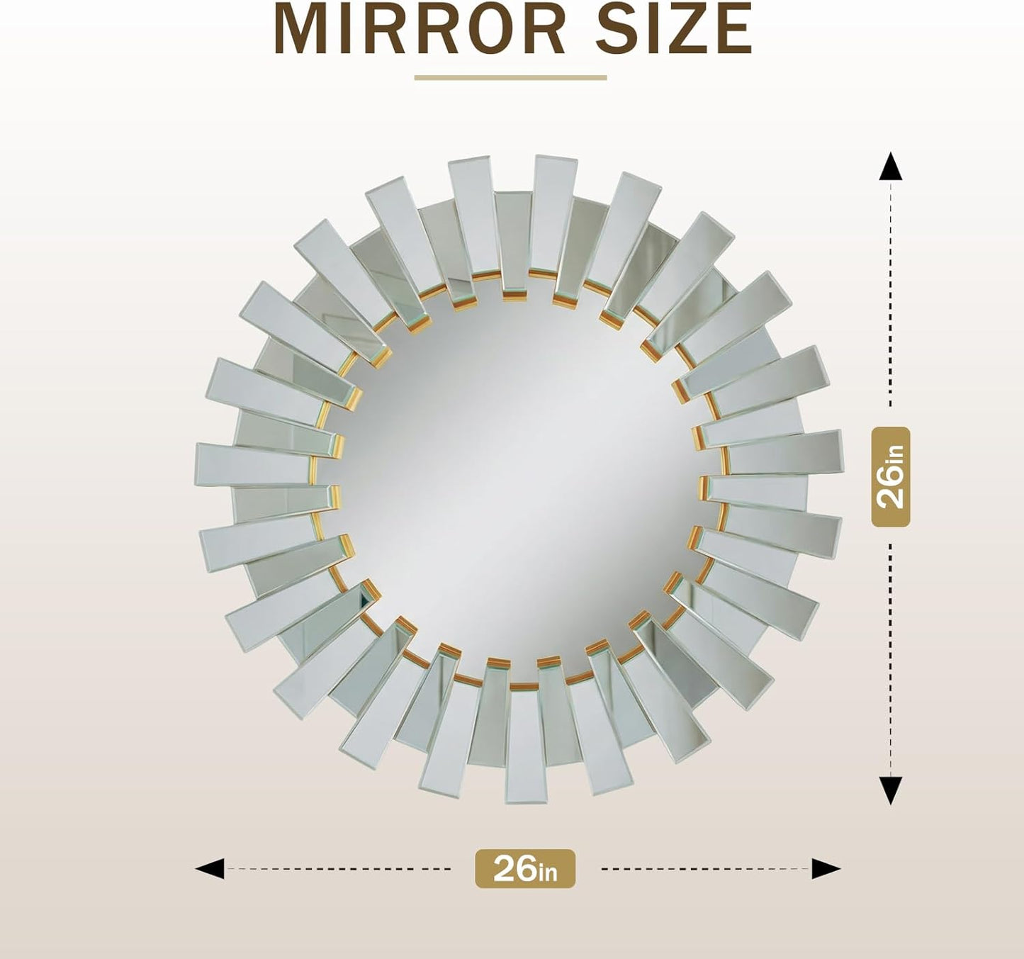 Gold Sunburst Mirror, 26" Sun Mirror Wall Decor with Beveled Glass Frame, Starburst Mirrors for Entryway, Dining Room, Living Room