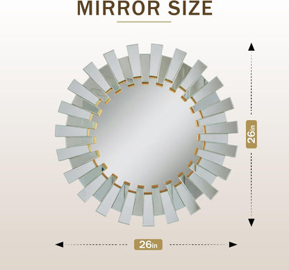 Gold Sunburst Mirror, 26" Sun Mirror Wall Decor with Beveled Glass Frame, Starburst Mirrors for Entryway, Dining Room, Living Room