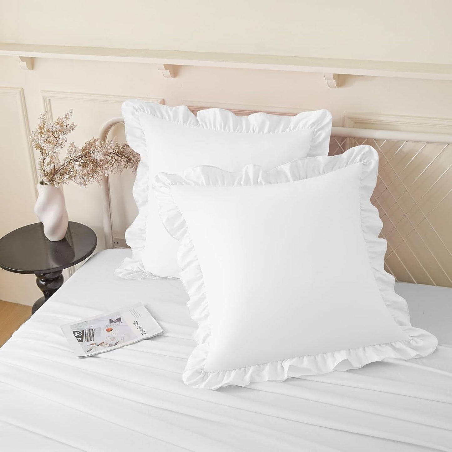 KKJIAF Ruffle Pillow Cases 26x26 Inches, White Square Ruffled Pillow Covers Set of 2, Microfiber Wrinkle Resistant Pillow Shams with Envelope Closure for Sofa Bed Living Room