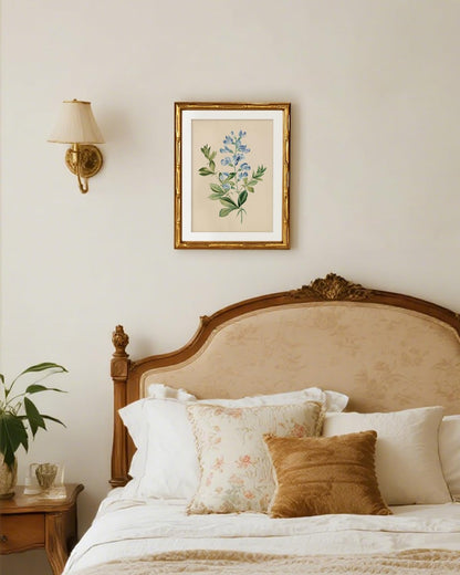InSimSea Gold Bamboo Framed Canvas Wall Art, Retro Blue Hydrangea Botanical Prints, Antique Flowers Picture Frame with Mat, Victorian Home Wall Decor for Kitchen Living Room Bedroom, 11x14inch